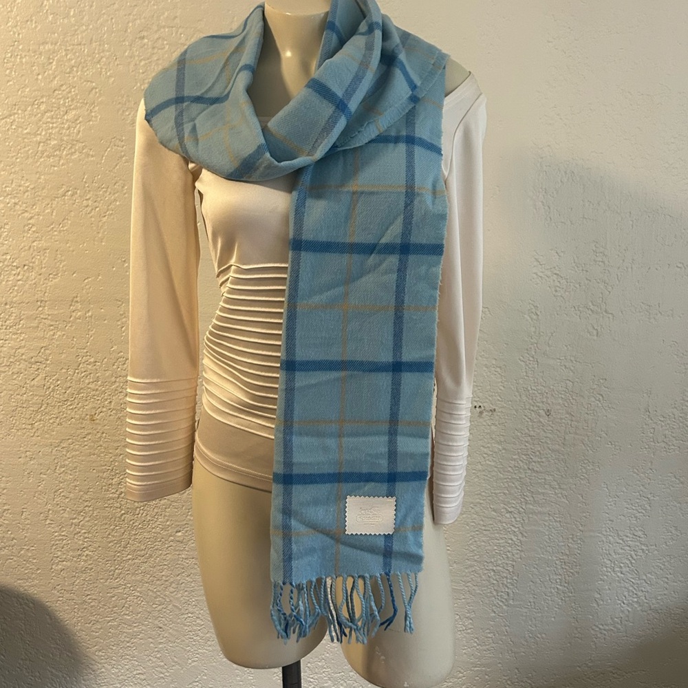 Coach Light Blue Tan Plaid cashmere wool ? Scarf